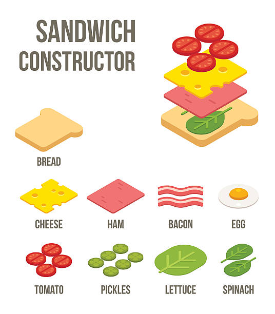 Isometric sandwich ingredients Isometric sandwich ingredients: bread, cheese, meats and vegetables. Isolated flat vector illustration. sandwich stock illustrations