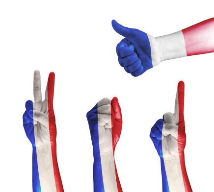 Set of France flag painted on hand isolated on white background