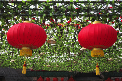 The traditional red lanterns decorating  Chinese park of entertainments in New year