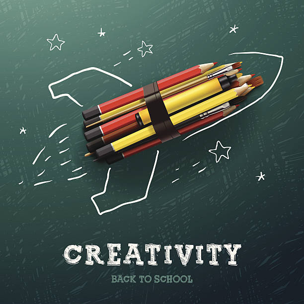 ilustrações de stock, clip art, desenhos animados e ícones de aprendizagem de criatividade. foguete lançamento de navio com lápis - school pencil