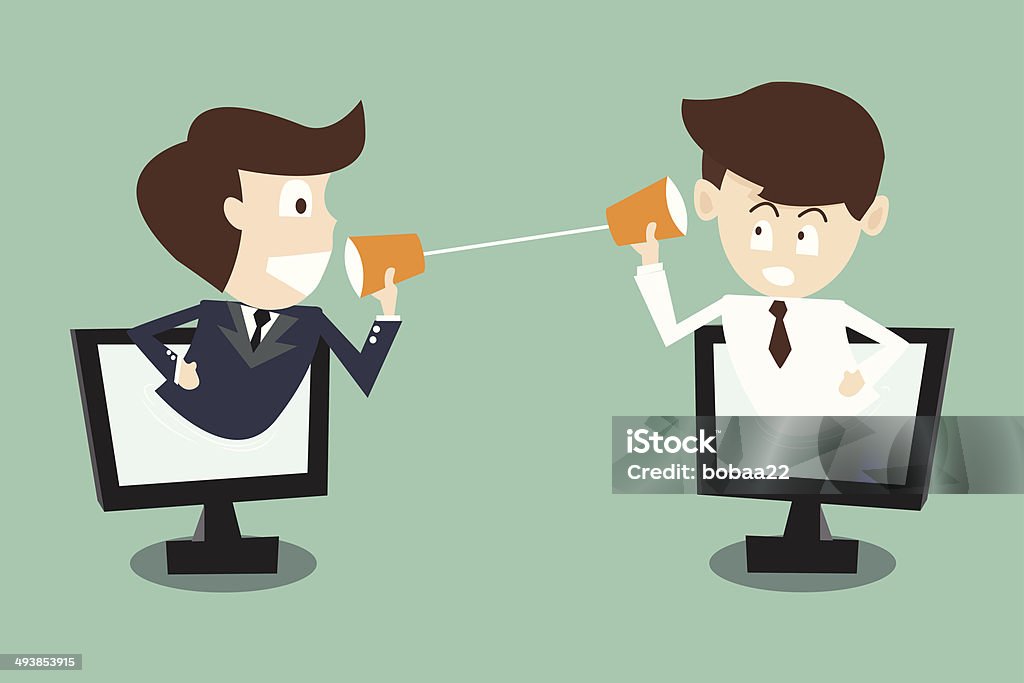 two businessman talking with cup telephone in computer via internet Business concept Listening stock vector