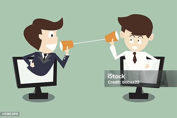 Two Businessman Talking With Cup Telephone In Computer Via Internet Stock Illustration - Download Image Now