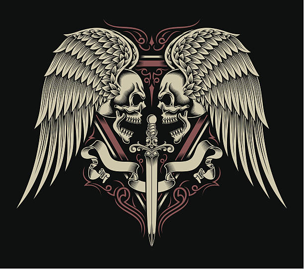 Personnalité double motif de crâne avec ailes et épée - Illustration vectorielle
