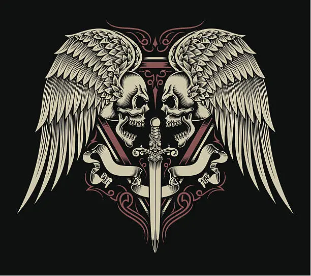 Vector illustration of Two Faced Skull With Wings and Sword
