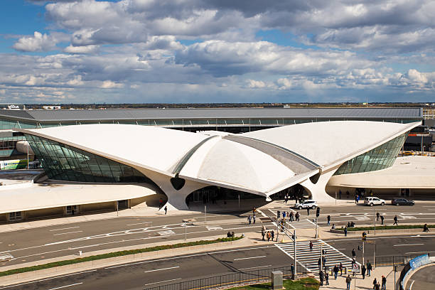 New York City, New York, USA - October 18, 2015: View of landmark TWA Flight Center at John F. Kennedy International Airport in Queens, New York, City.  Designed by Eero Saarinen and opened in 1962 this mid-century modern Flight Center is on the National Register of Historic Places