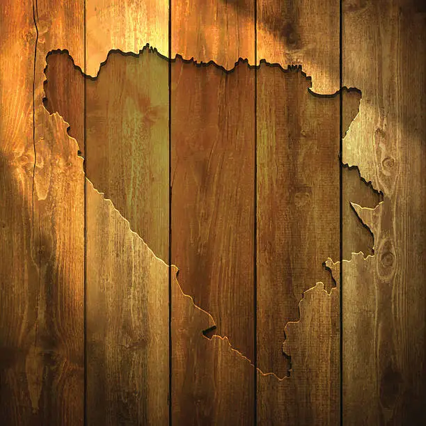 Vector illustration of Bosnia and Herzegovina Map on lit Wooden Background