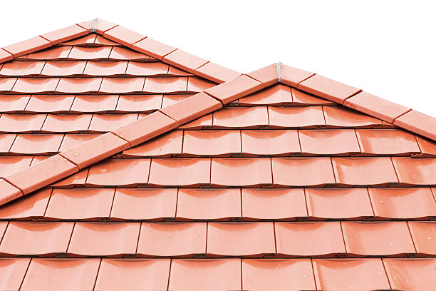 istock Orange roof tiles isolated on white background 493859278
