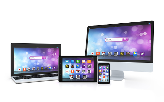 laptop, tablet, desktop, smartphone, app screen isolated white background with clipping path