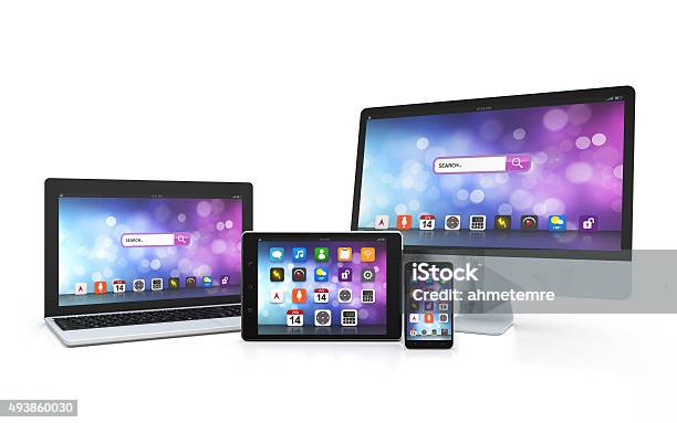 Laptop Tablet Desktop Smartphone App Screen Stock Photo - Download Image Now - White Background, Digital Tablet, Laptop