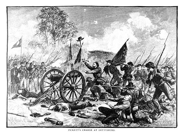 ilustraciones, imágenes clip art, dibujos animados e iconos de stock de cargo en gettysburg de pickett - civil war general engraving men
