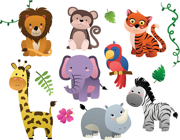 ilustrações, clipart, desenhos animados e ícones de lindo conjunto de vetor de animais do bebê selva - elephant water vector animals in the wild