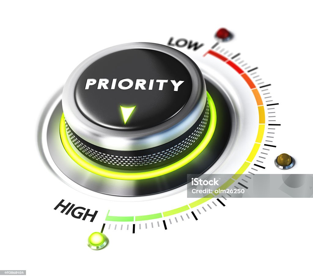 Define High Priority Priority switch button positioned on highest level, white background and green light. Conceptual image for illustration of setting priorities and time management. Urgency Stock Photo