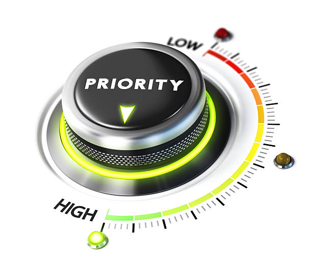 Define High Priority Priority switch button positioned on highest level, white background and green light. Conceptual image for illustration of setting priorities and time management. important stock pictures, royalty-free photos & images