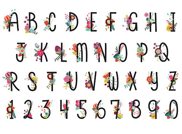 illustrazioni stock, clip art, cartoni animati e icone di tendenza di alfabeto e numeri insieme vettoriale floreale - child alphabetical order writing alphabet