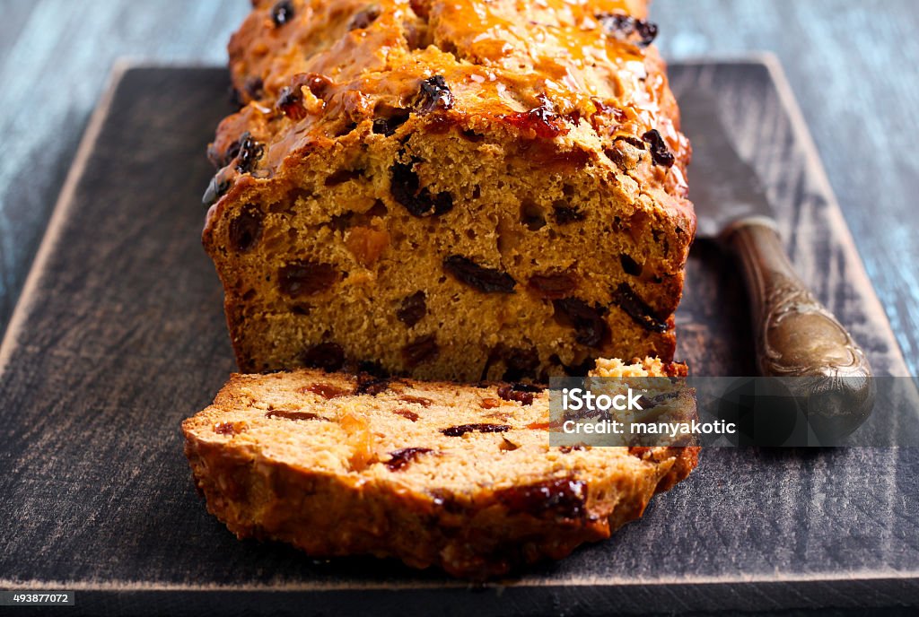 Bara brith traditional Welsh fruit teabread, Bara brith traditional Welsh fruit teabread, sliced on board Bread Stock Photo