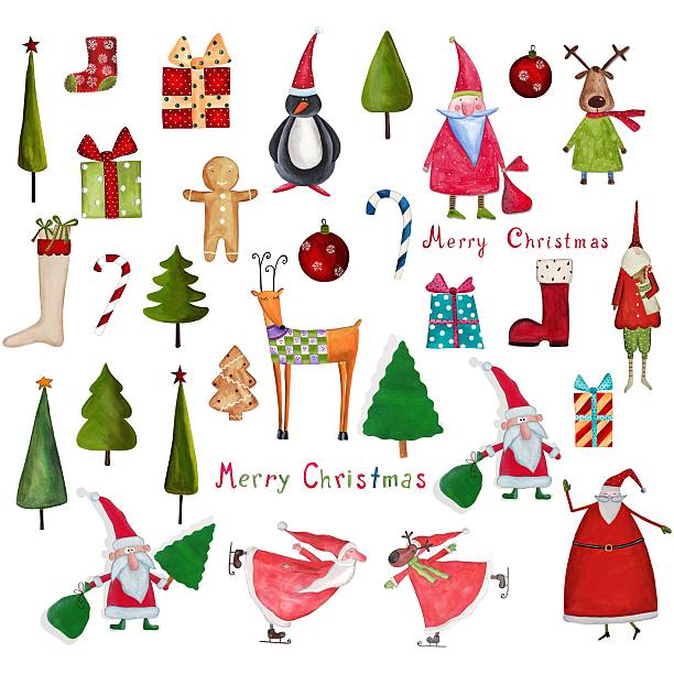 ilustraciones, imágenes clip art, dibujos animados e iconos de stock de artículos decorativos de navidad en blanco. conjunto de mega - wrapping paper christmas gift snowman