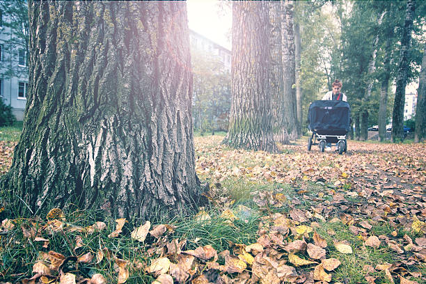 Woman is walking her dog in a city park in autumn. It's raining, she is wearing a yellow raincoat.