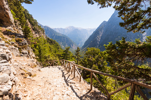 Mountains trail with blue sky. Samaria Gorge in Greece, Crete