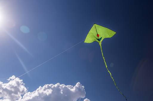 a kite flying against a blue sky in sunlight, bright colors and streaming tail