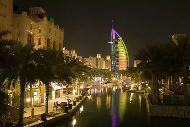Dubai, UAE, colourfully lit world famous Burj Al Arab hotel, Dubai icon