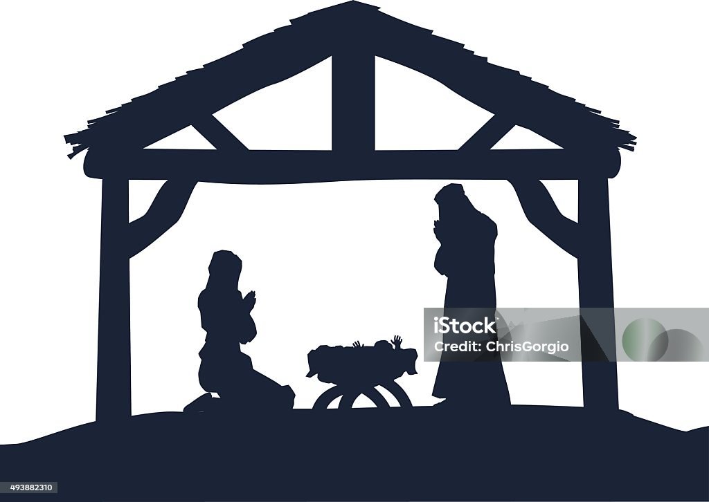 Christian Nativity Christmas Scene Silhouettes Traditional Christian Christmas Nativity Scene of baby Jesus in the manger with Mary and Joseph in silhouette Nativity Scene stock vector