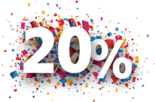 20% sale sign with colour confetti. Vector paper illustration.
