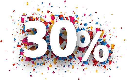 30% sale sign with colour confetti. Vector paper illustration.