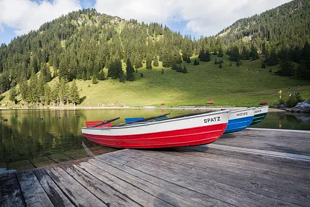 Boats on the Vilsalpsee in Tannheim, Reutte, Tyrol,