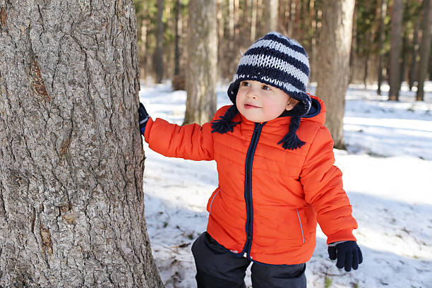 istock 18 months baby hides behind tree in forest 493885635