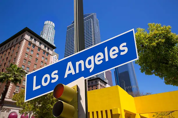 Photo of LA Los Angeles sign in redlight photo mount on downtown