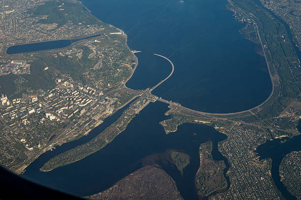 istock Landscape view from airplane on hydroelectric power plant 493886900