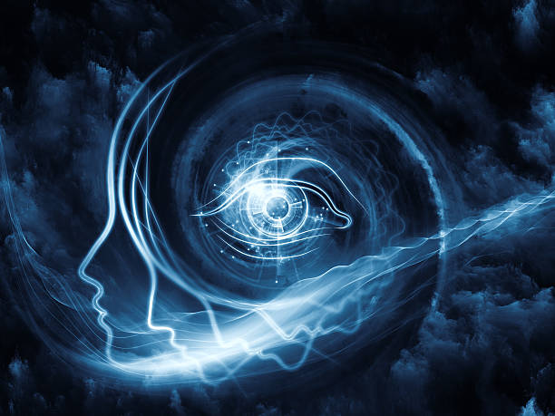 Inner Blue Geometry of the Soul series two. Interplay of human profile and abstract elements on the subject of spirituality, science, creativity and human mind esher stock pictures, royalty-free photos & images