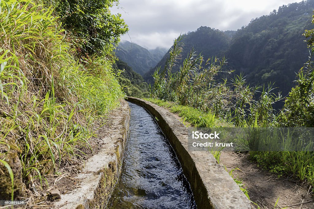 Levada, irrigation canal with hiking path at Madeira Island, Portugal Agriculture Stock Photo