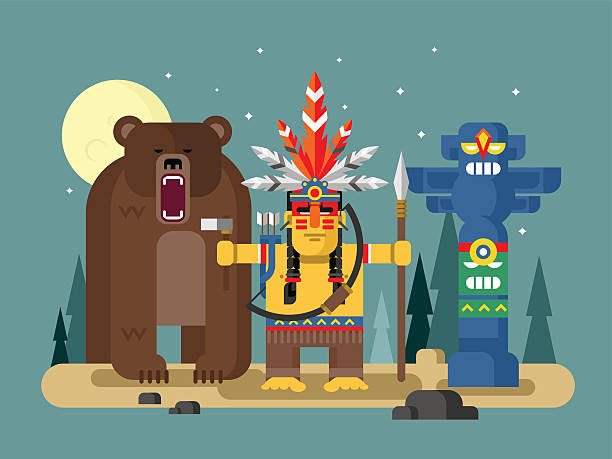 ilustrações, clipart, desenhos animados e ícones de injun personagem com urso - injun