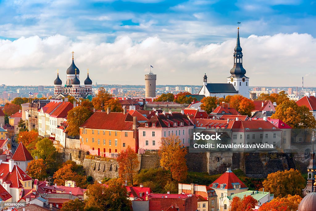 Aerial view old town, Tallinn, Estonia Toompea hill with tower Pikk Hermann, Cathedral Church of Saint Mary Toomkirik and Russian Orthodox Alexander Nevsky Cathedral, view from the tower of St. Olaf church, Tallinn, Estonia Aerial View Stock Photo