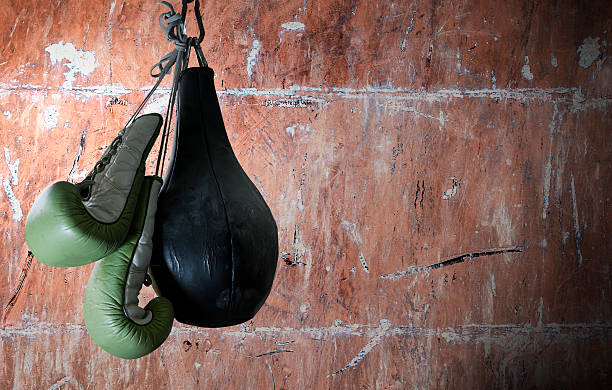 istock old boxing gloves and punching bag hang on hook 493891616