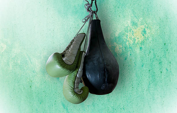 istock old boxing gloves and punching bag hang on hook 493891948