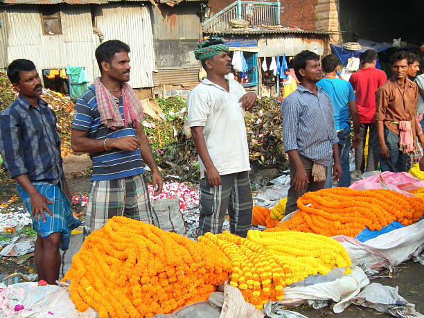 Flower Market in India Kolkata, India - October 24, 2015: Unidentified flower sellers (selling Marigold) looking for potential customers at 'Barabajar Flower Market' at early morning nearby the Howrah Bridge, Kolkata. flower market morning flower selling stock pictures, royalty-free photos & images