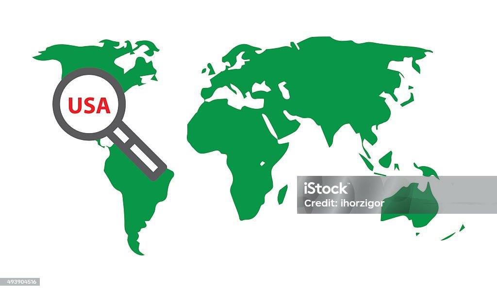 USA USA. Illustration with World map and loupe. 2015 stock vector