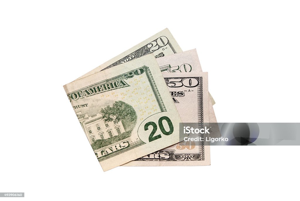 20 and 50 dollars on a white background US Paper Currency Stock Photo