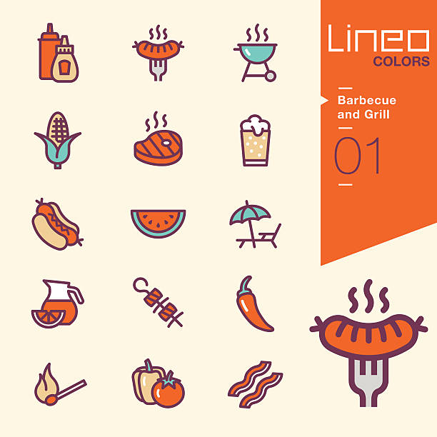 ilustrações, clipart, desenhos animados e ícones de lineo cores-churrasco e grelhados ícones - food food and drink steak sauces