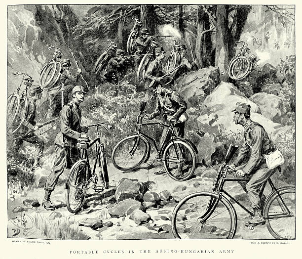 Military History - Cycles in the Austro-Hungarian Army Vintage engraving of portable Cycles in the Austro-Hungarian Army. The Graphic, 1899 habsburg dynasty stock illustrations