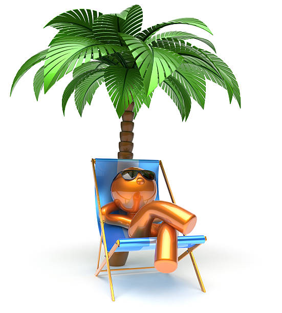 relax homme de caractère palm tree chaise longue détente sur la plage - beach tropical climate palm tree deck chair photos et images de collection