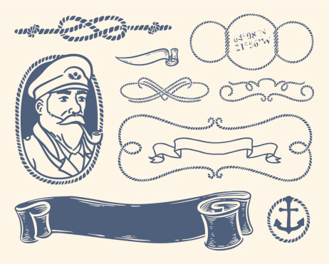 Set of vintage nautical decorative items, symbols and illustrations over white background.