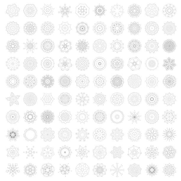 ilustraciones, imágenes clip art, dibujos animados e iconos de stock de conjunto 100 mandala flores adorno icono de patrón - flower backgrounds single flower copy space