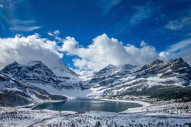 Lake Magog at Mount Assiniboine Provincial Park, Canada Mount Assiniboine , Lunette Peak, and Mount Magog on the back ground. canadian rockies stock pictures, royalty-free photos & images