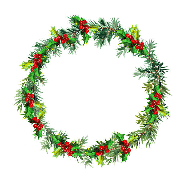 istock Christmas wreath - fir tree and mistletoe. Watercolor 493916490