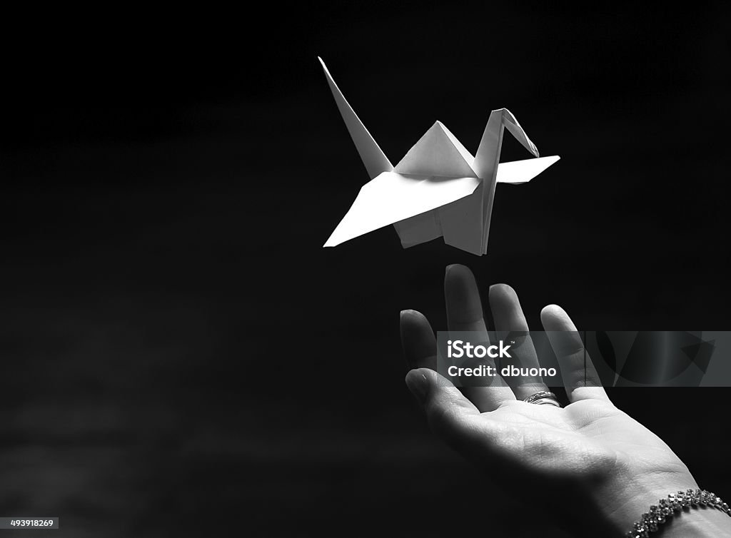 Origami aves flotante de la mano en blanco y negro - Foto de stock de Abstracto libre de derechos