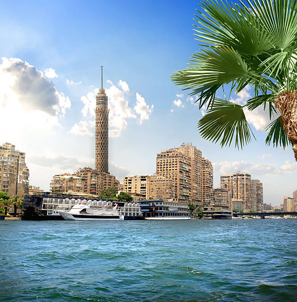 TV tower near Nile TV tower near Nile in Cairo at sunlight egypt skyline stock pictures, royalty-free photos & images