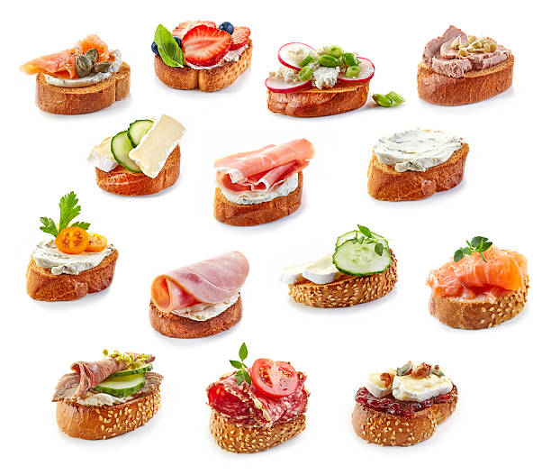 다양한 bruschettas - bread cheese bruschetta canape 뉴스 사진 이미지